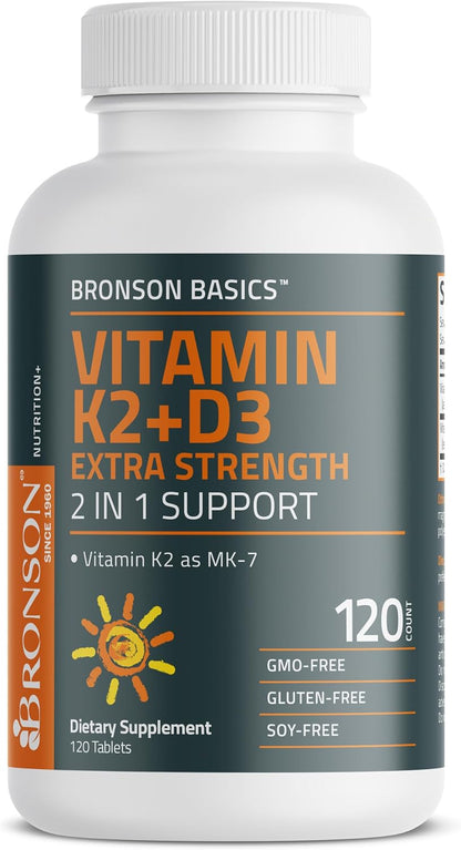 Bronson Vitamin K2 (MK7) with D3 Supplement Extra Strength 2 in 1 Support, 10,000 IU Vitamin D3 & 120 mcg K2 MK-7, 120 Tablets