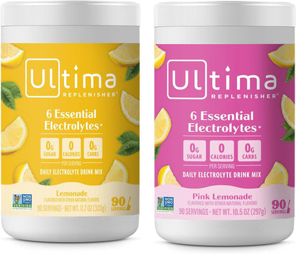 Ultima Replenisher Electrolyte Powder Drink Mix Bundle – Sugar Free – Lemonade and Pink Lemonade, 90 Servings– Hydration Powder - 6 Key Electrolytes and Trace Minerals – Keto Friendly, Non-GMO