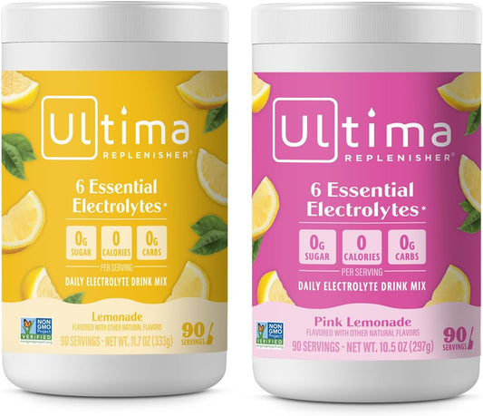 Ultima Replenisher Electrolyte Powder Drink Mix Bundle – Sugar Free – Lemonade and Pink Lemonade, 90 Servings– Hydration Powder - 6 Key Electrolytes and Trace Minerals – Keto Friendly, Non-GMO