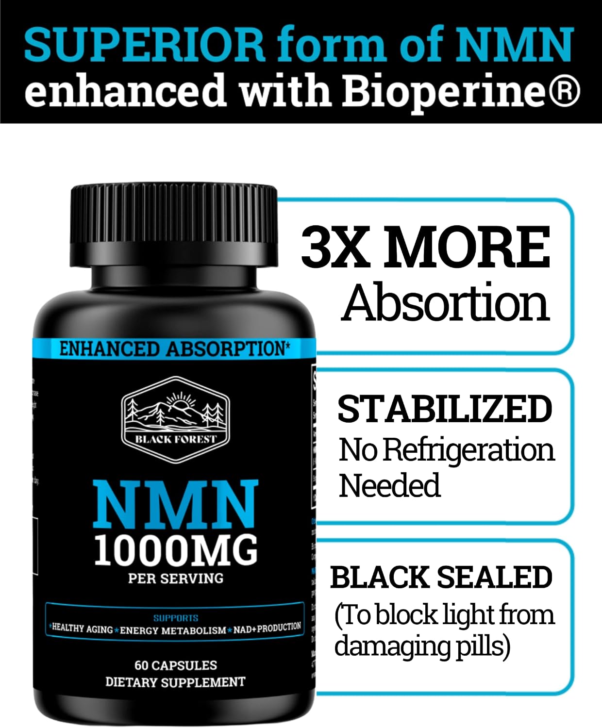 Black Forest NMN 1000mg NAD Support Supplement and Turkesterone 500mg Strength Performance Bundle with BioPerine Enhanced Absorption