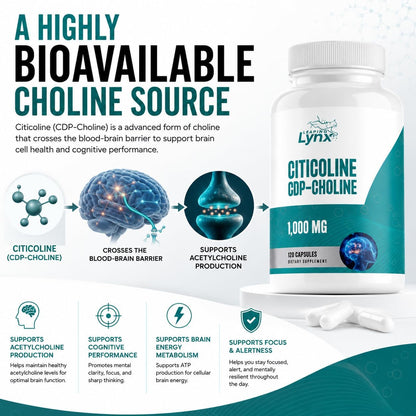 Leaping Lynx Citicoline 1000 mg (CDP Choline) Capsules – 120 Count – CDP Choline Supplement for Brain, Focus & Memory Support – Nootropic Choline Supplement – Non-GMO, ISO-Certified