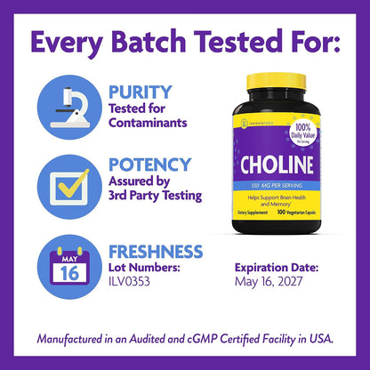 InnovixLabs Choline Supplement 550 mg, Pure Choline Bitartrate Brain Supplement for Memory and Focus, Supports Liver Function and Mental Clarity for Women and Men, Non-GMO, 50-Day Supply