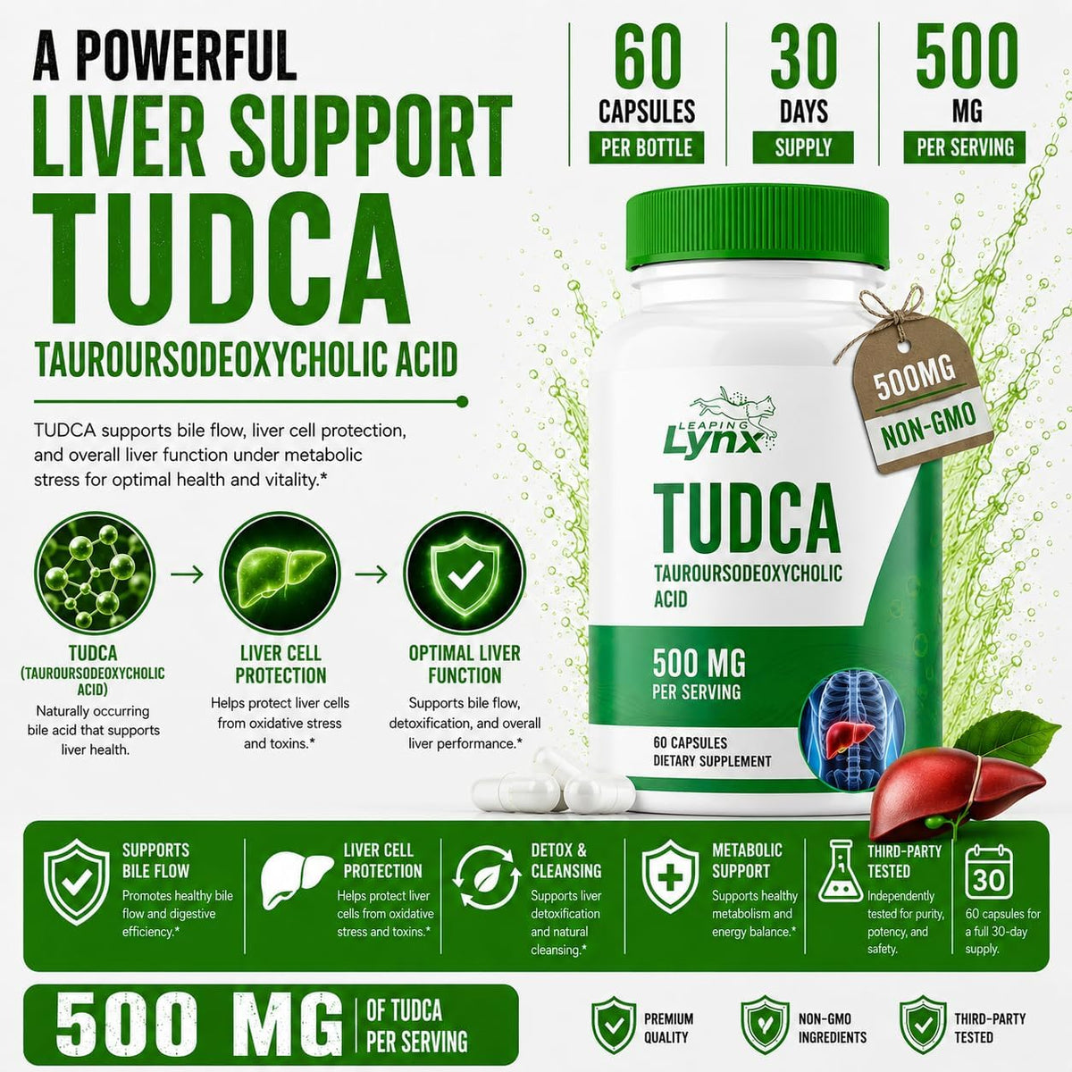 Leaping Lynx TUDCA 500mg – Tauroursodeoxycholic Acid Supplement – 60 Capsules – TUDCA Liver Support Supplement – Bile Acid Digestive Support – Non-GMO, ISO-Certified