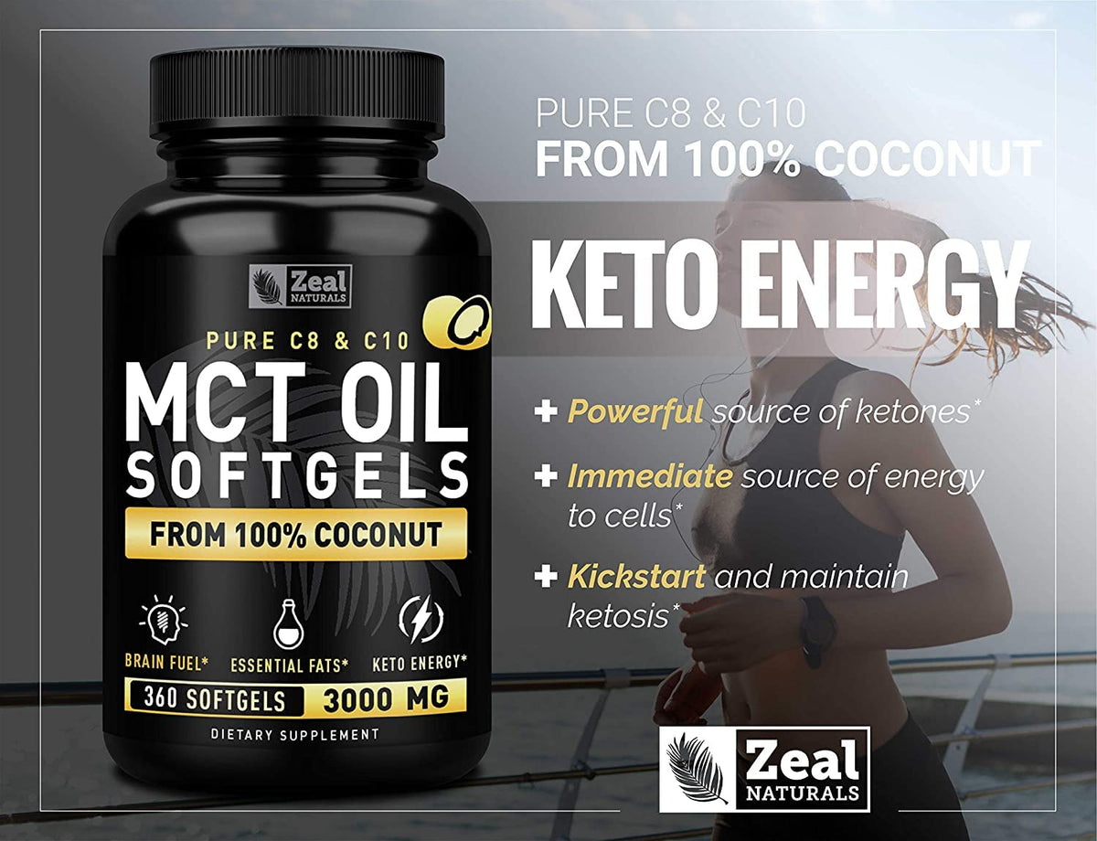 Pure MCT Oil Capsules (360 Softgels | 3000mg) 4 Month Supply Keto Pills w Unrefined Coconut
