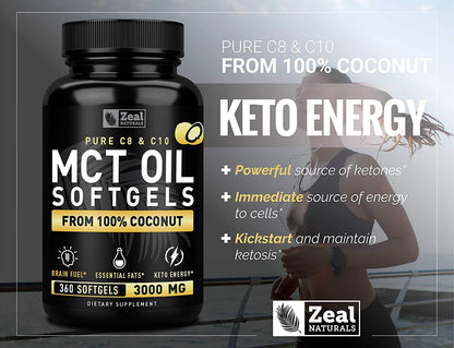 Pure MCT Oil Capsules (360 Softgels | 3000mg) 4 Month Supply Keto Pills w Unrefined Coconut