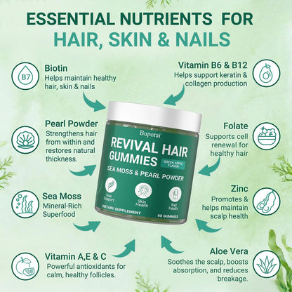 Hair Growth Gummies, Revival Hair Sea Moss Biotin Gummies with Pearl Powder Supports Faster Hair Growth, Stronger Nails, Healthy Skin, Extra Strength