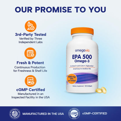 OmegaVia EPA 500, Purified Omega-3 Fish Oil Supplement, 500 mg EPA in Triglyceride Form, Burpless Fish Oil, Non-GMO, Gluten-Free, IFOS 5-Star, 120 Softgels
