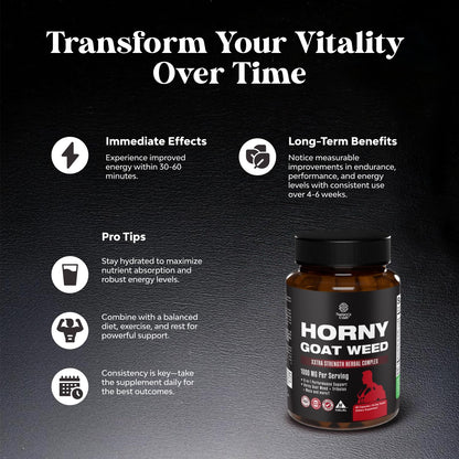 Horny Goat Weed for Men - Extra Strength Male Supplement with Black Maca Root, Tongkat Ali, Saw Palmetto & Panax Ginseng Extract for Stamina & Energy - 60 Count