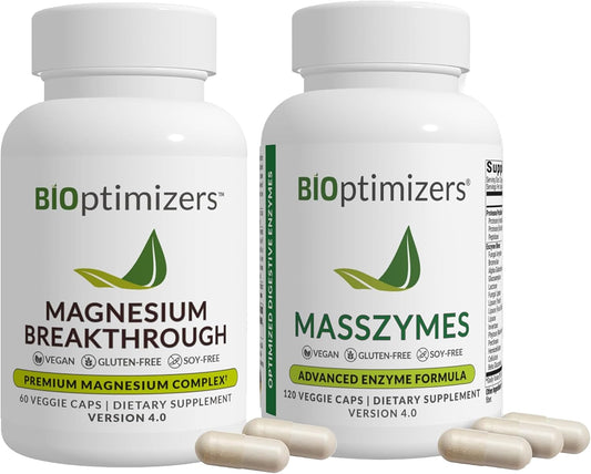 BiOptimizers MassZymes Digestive Enzymes - Probiotic Breakthrough Bundle – Gut Health & Bloating Relief – Prebiotic & Enzyme Support for Digestion, Energy, Immunity & Recovery – 180 Vegan Capsules