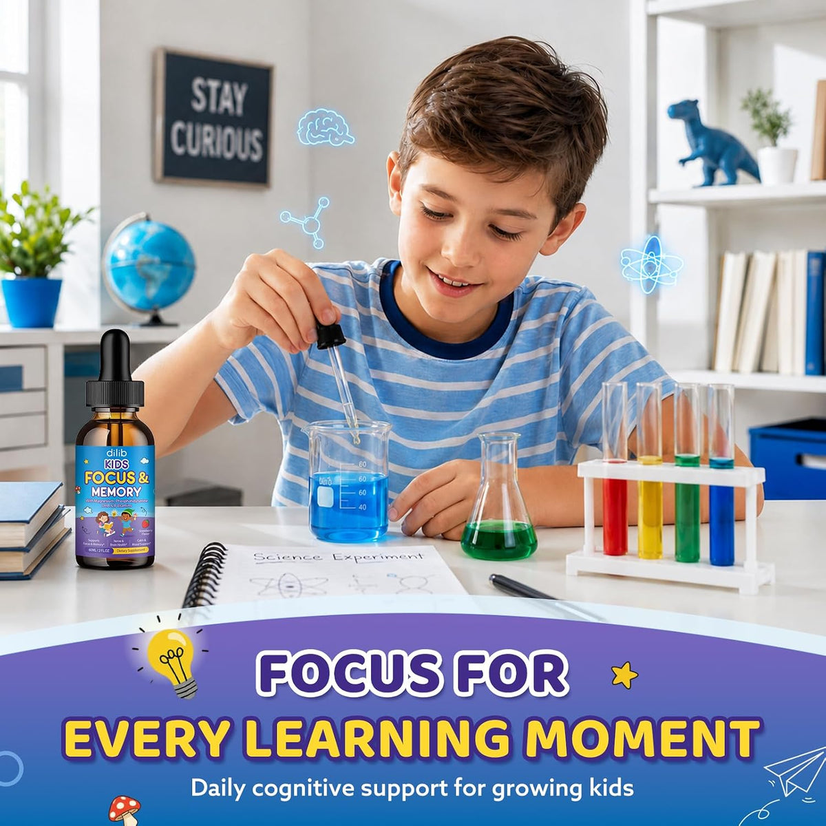 Kids Focus and Attention Drops with Phosphatidylserine, Lion’s Mane Mushroom, Magnesium Glycinate, Omega 3, Bacopa Monnier, Brain Supplements for Memory and Focus, Sleep Clam Mood, Strawberry 2 Fl Oz