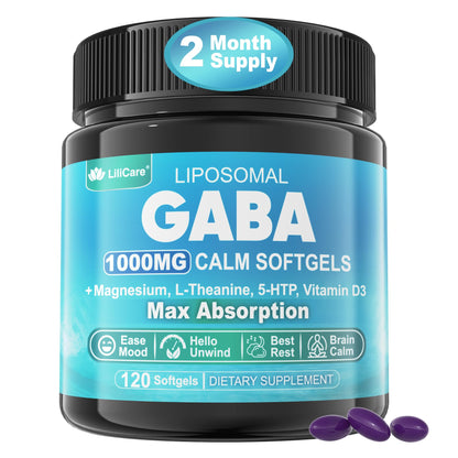 GABA Supplement - 1000 mg Liposomal Form for Optimal Absorption, GABA with L-Theanine, Magnesium Glycinate, 5HTP, Vitamin D3 for Calm, Relaxation, Mood, Restful Night - Melatonin-Free 120 Softgels.