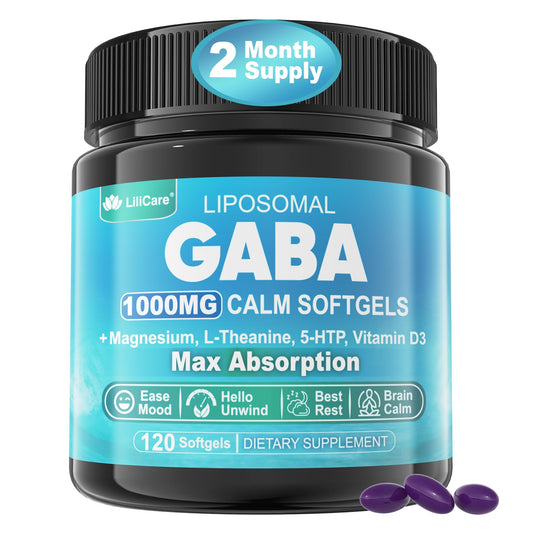 GABA Supplement - 1000 mg Liposomal Form for Optimal Absorption, GABA with L-Theanine, Magnesium Glycinate, 5HTP, Vitamin D3 for Calm, Relaxation, Mood, Restful Night - Melatonin-Free 120 Softgels.