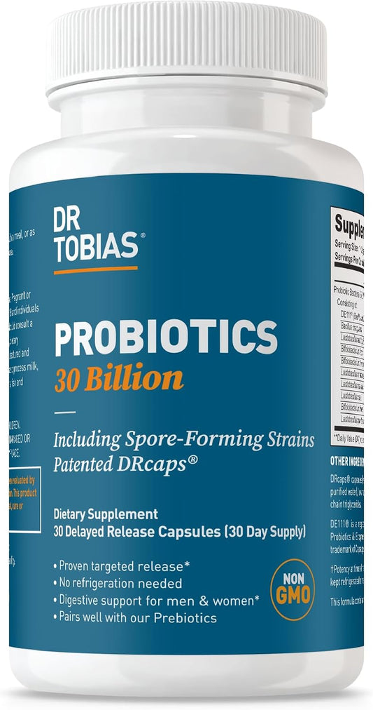 Dr. Tobias Probiotics 30 Billion CFU 30 Capsules | Gut Health Support | Daily Digestive Support | 10 Probiotic Strains | Targeted Release Probiotics for Women & Men | Shelf Stable | 30 Servings