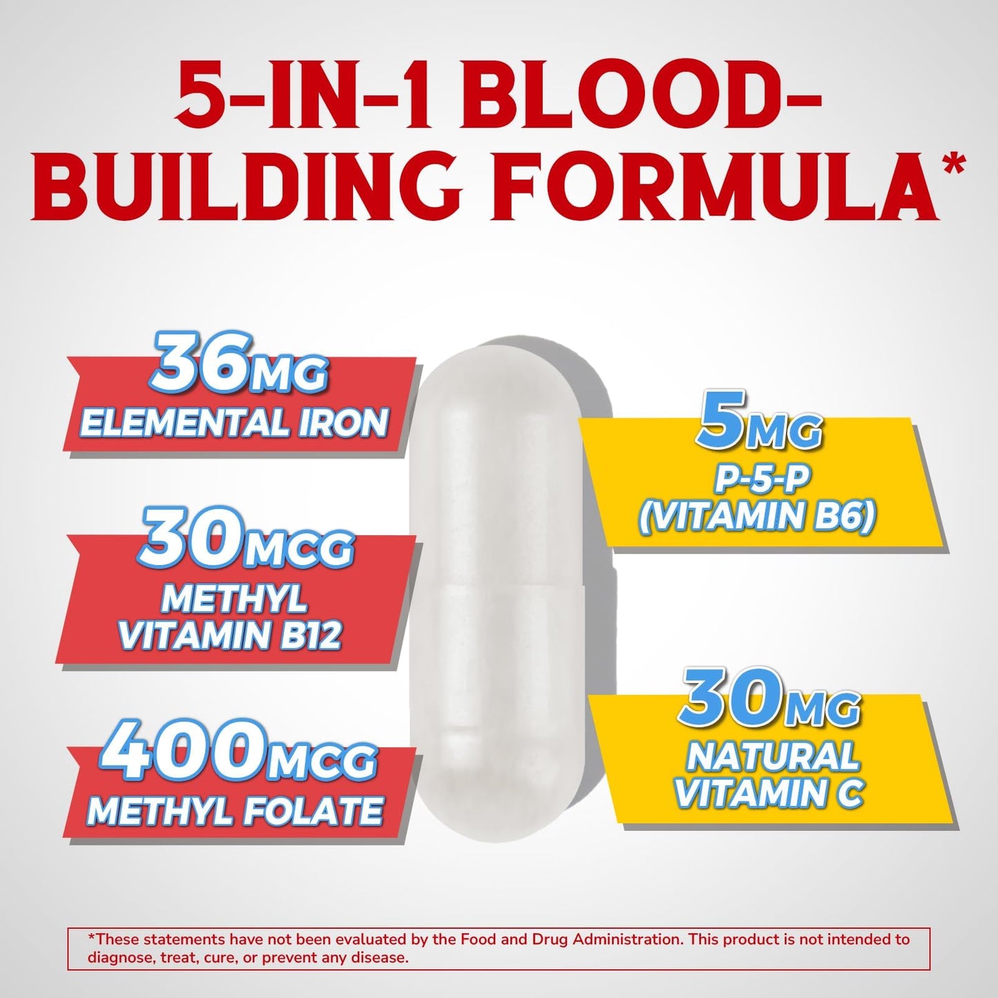 Iron Supplement for Women & Men, with Vitamins C, B6, B12 & Folate | for Iron Deficiency, Blood Building & Energy Support, Stomach Friendly, Better Absorption, Non-GMO, No Gluten, 60 Vegan Caps