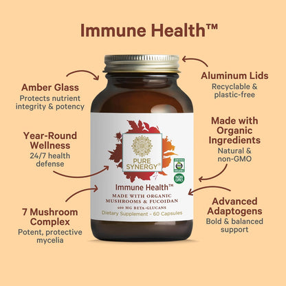 PURE SYNERGY Immune Health | Immune Support Mushroom Supplement | Astragalus and Beta-Glucan Extracts with Organic Functional Mushroom Extracts | for Year-Round Support (60 Capsules)