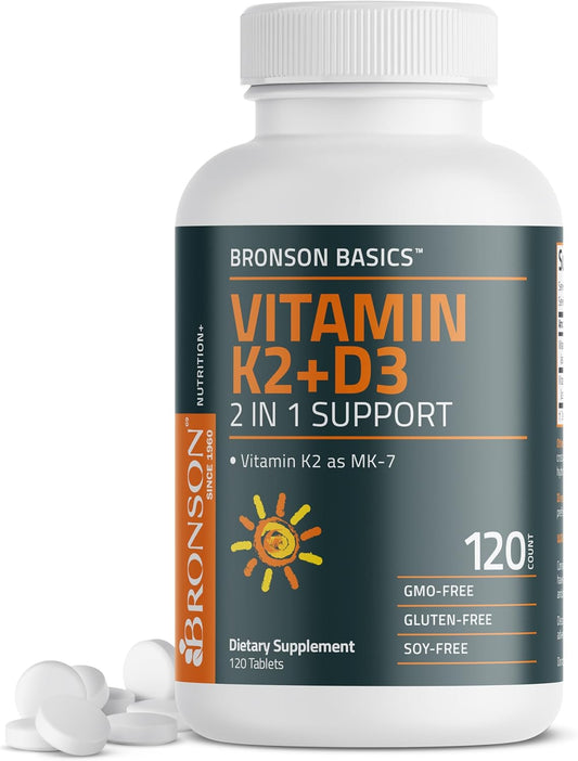 Bronson Vitamin K2 D3 (MK7) Supplement 2-in-1 D3 & K2 Complex, 120 Tablets | Bone, Immune & Heart Health Support, Gluten-Free, Soy-Free, Non-GMO, Vitamin D3 5000 IU (125 mcg) & 90 mcg K2 MK-7