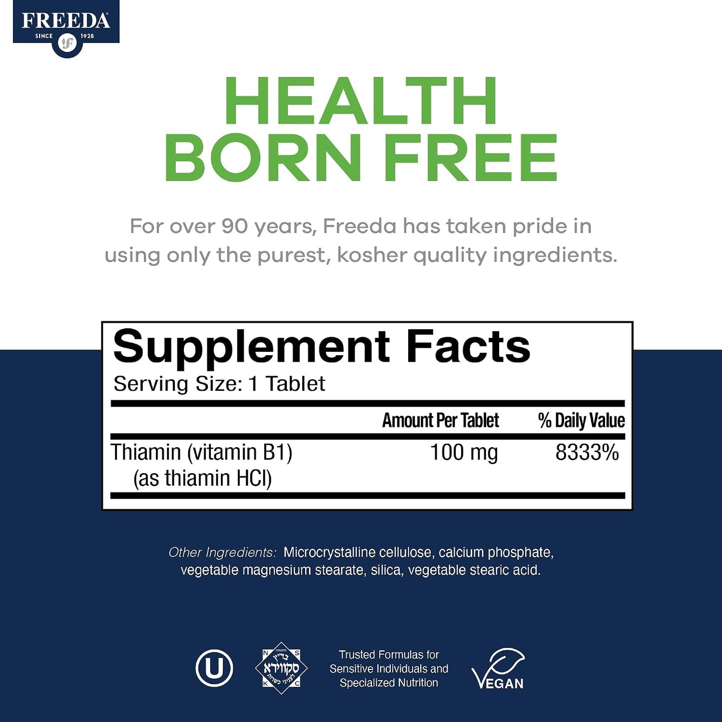 Freeda Vitamin B1 Thiamine 100mg - Supports Energy Metabolism, Nervous System Health - Kosher, Vegan, Gluten Free - Thiamin HCl 100 mg Vitamin B 1 - Pure Vit B1 Vitamin Thiamine B1 Supplement (100 Ct) | Energy Metabolism & Nervous System Health Support –