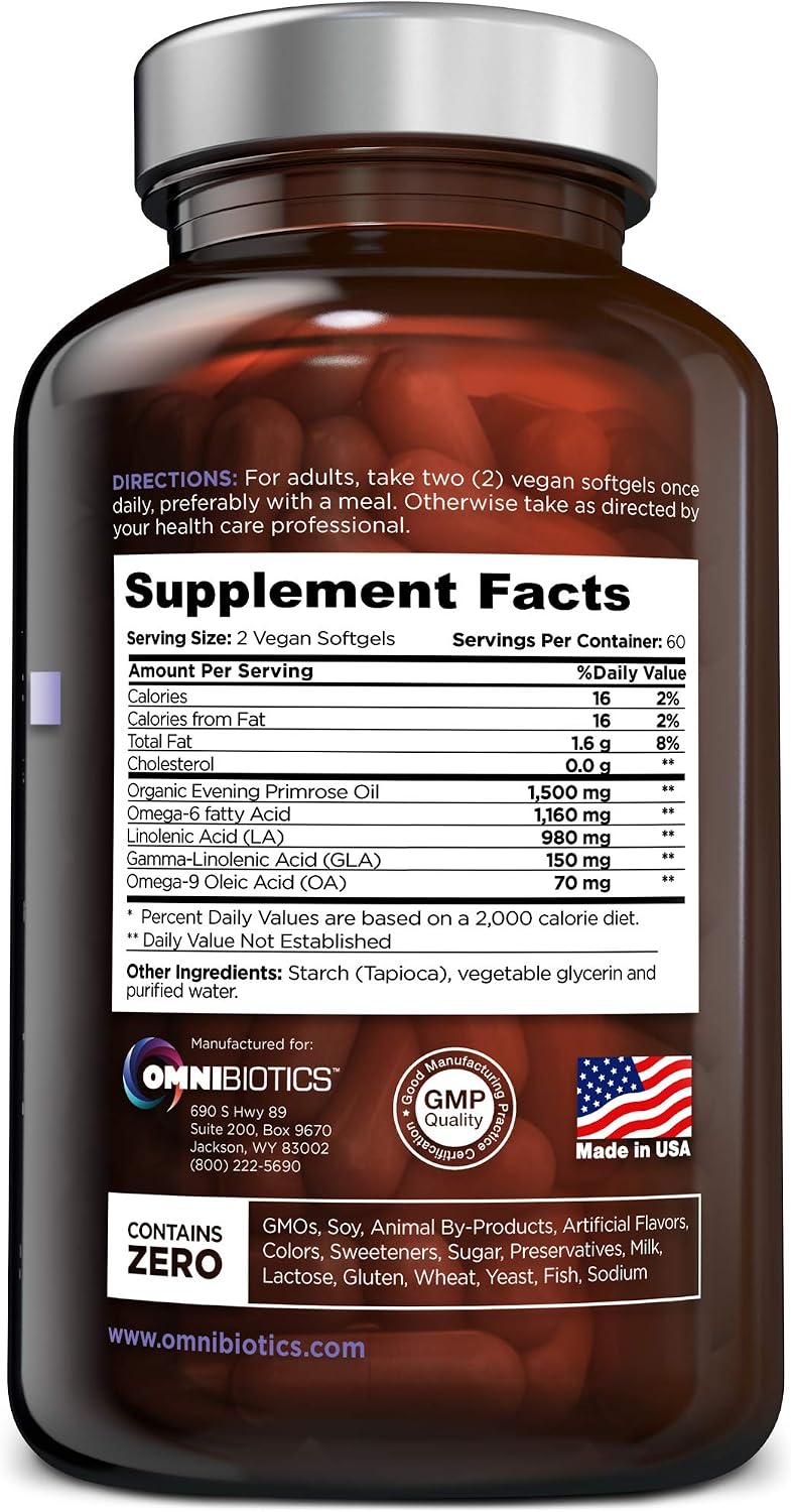 OmniBiotics Organic Evening Primrose Oil for Women – Clinical Strength 1500mg per Capsule, 10% GLA, Cold-Pressed, Non-GMO, Hormone Balance for Women – 120 Vegan Softgel Capsules (Pack of 2)