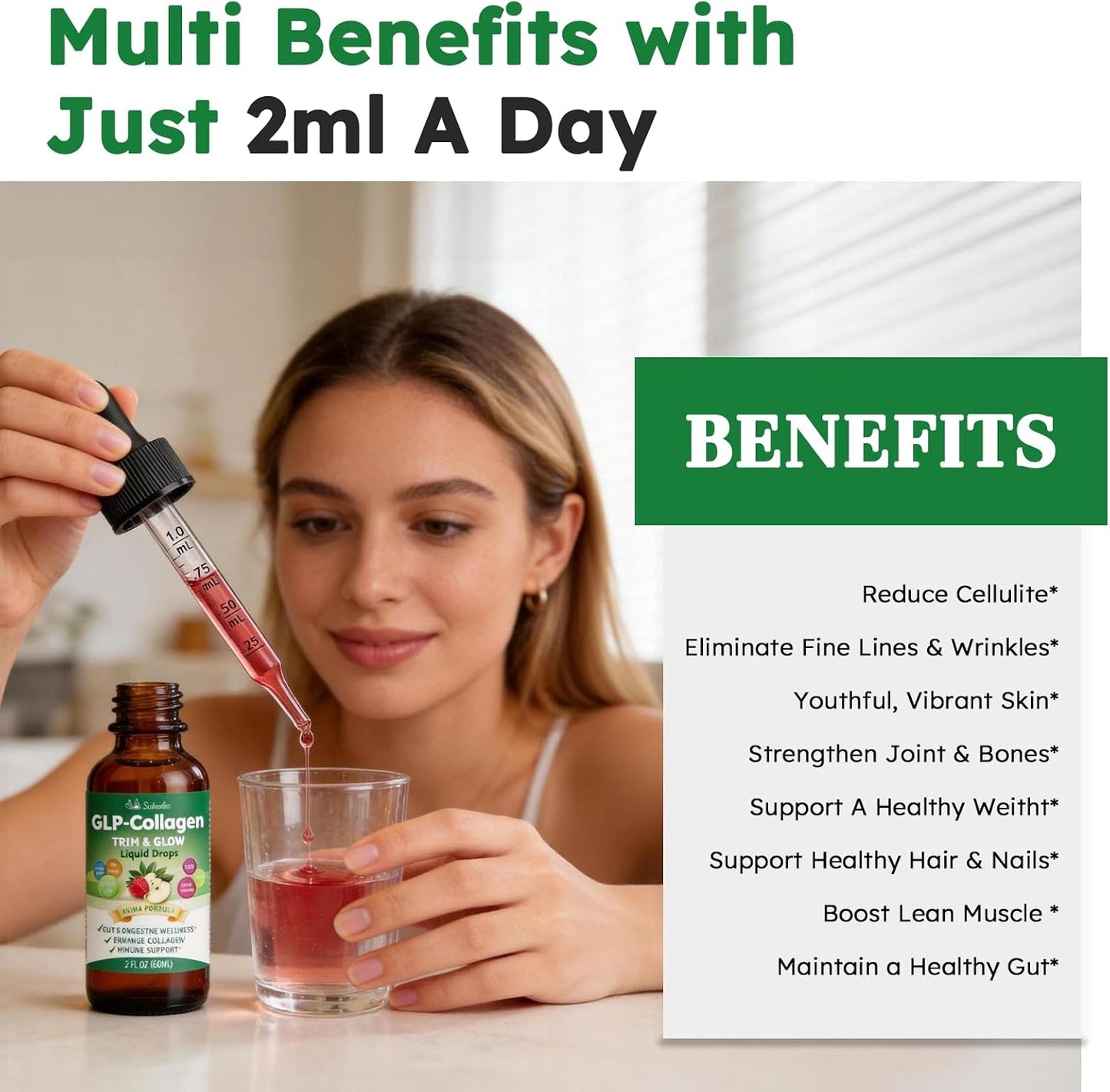 10-in-1 Liquid Collagen for Women, GLP Friendly Multi Collagen | Trim & Glow Hydrolyzed Collagen Burn Drops w. Hyaluronic Acid Biotin Green Tea & ACV, Digestive Gut Skin Health & Hair Growth