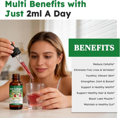10-in-1 Liquid Collagen for Women, GLP Friendly Multi Collagen | Trim & Glow Hydrolyzed Collagen Burn Drops w. Hyaluronic Acid Biotin Green Tea & ACV, Digestive Gut Skin Health & Hair Growth