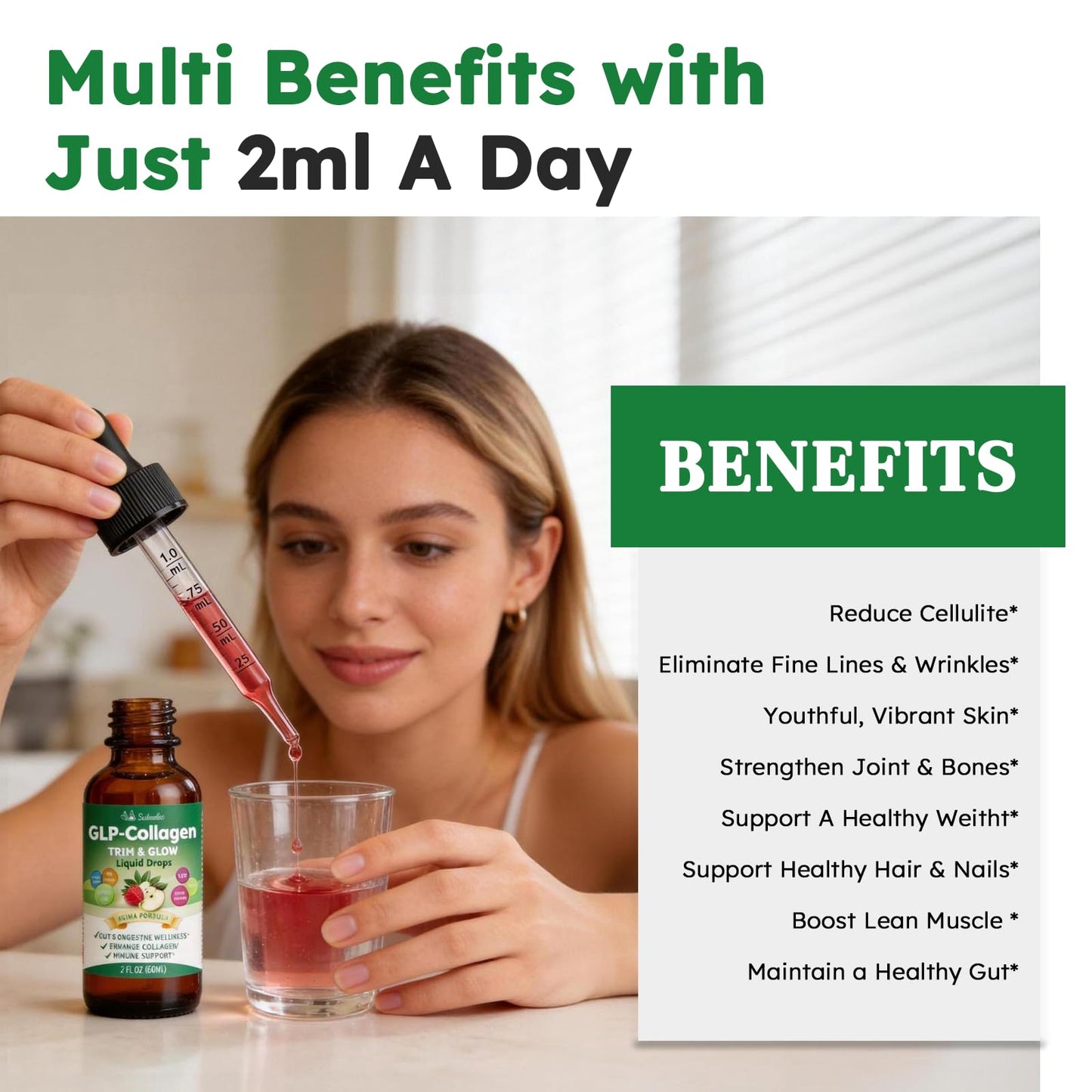 10-in-1 Liquid Collagen for Women, GLP Friendly Multi Collagen | Trim & Glow Hydrolyzed Collagen Burn Drops w. Hyaluronic Acid Biotin Green Tea & ACV, Digestive Gut Skin Health & Hair Growth