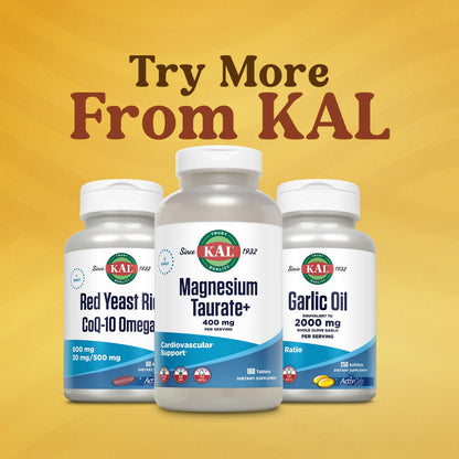 KAL Magnesium Taurate 400mg Plus Vitamin B6, Chelated Magnesium Supplement, High Absorption Magnesium Complex, Muscle and Heart Health Support, Vegan, Gluten Free, 60-Day Guarantee, 60 Serv, 120 Tabs