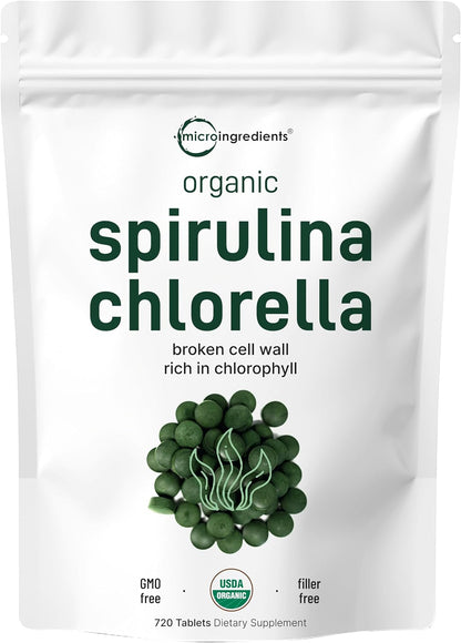 Micro Ingredients Organic Chlorella Spirulina 3000mg Tablets & Vitamin D3 5000iu + K2 100mcg Bundle 2 Pack | Cracked Cell Wall, Rich in Vegan Protein & Chlorophyll | Essential Sunshine Vitamins
