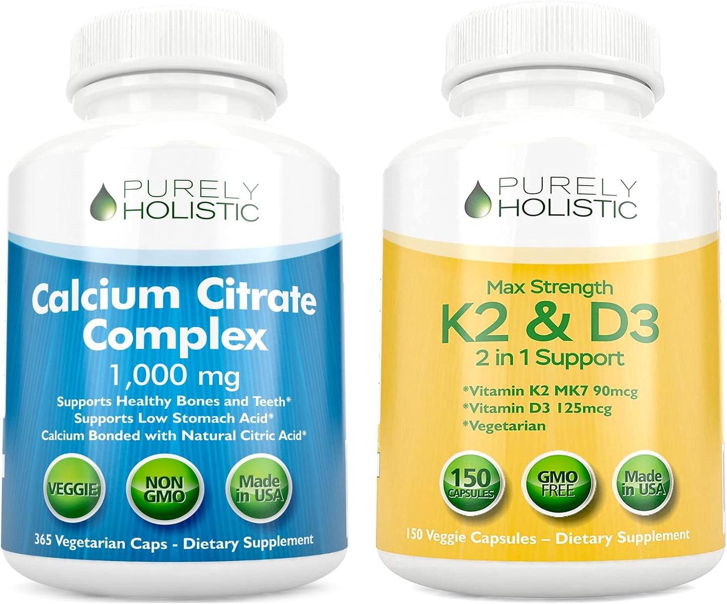 Purely Holistic Calcium Citrate Complex 1000mg + Vitamin D3 125mcg K2 MK7 90mcg - 365 Vegan Capsules + 150 Vegetarian Capsules Bundle - Made in USA