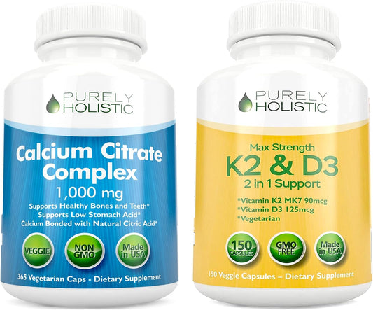 Purely Holistic Calcium Citrate Complex 1000mg + Vitamin D3 125mcg K2 MK7 90mcg - 365 Vegan Capsules + 150 Vegetarian Capsules Bundle - Made in USA