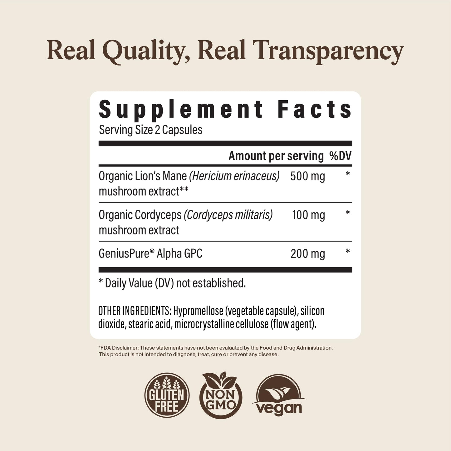 Real Mushrooms Lions Mane Mushroom Cognition (120 Capsules) Lions Mane Mushroom Powder Extract Capsules | Brain Supplement, Brain Vitamins, Focus Supplement
