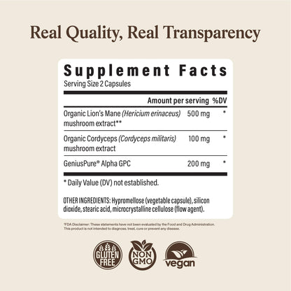 Real Mushrooms Lions Mane Mushroom Cognition (120 Capsules) Lions Mane Mushroom Powder Extract Capsules | Brain Supplement, Brain Vitamins, Focus Supplement