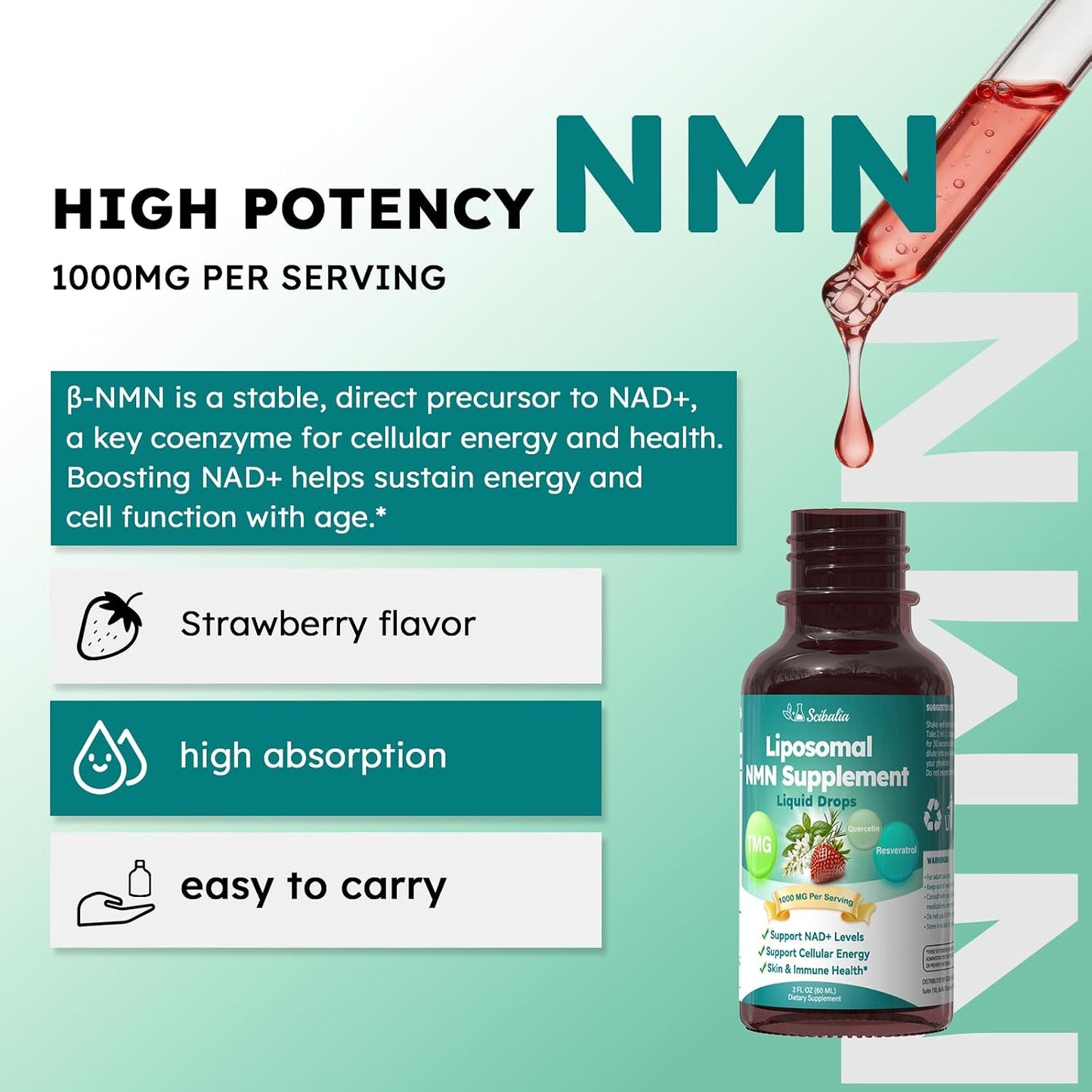 NMN Supplement Liquid Drops,4-in-1 NMN Beta 1000mg | w. Quercetin TMG Resveratrol for Anti Aging Energy & Immune Support, NMNH Alternative Liposomal High Absorption for Women Men