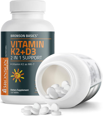 Bronson Vitamin K2 D3 (MK7) Supplement 2-in-1 D3 & K2 Complex, 120 Tablets | Bone, Immune & Heart Health Support, Gluten-Free, Soy-Free, Non-GMO, Vitamin D3 5000 IU (125 mcg) & 90 mcg K2 MK-7