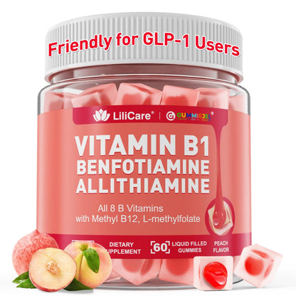 Vitamin B1 & Methylated Vitamin B Complex Gummies, GLP-1 Friendly B Vitamins + Benfotiamine + Thiamine & Inositol, B1 B2 B6 Multivitamins, L-methylfolate, Methyl B12 for Nerve Cognition Energy, 60 Cts