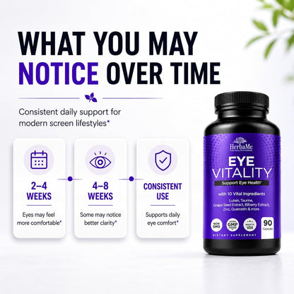 HerbaMe Eye Vitamins Supplement with Lutein, Bilberry, Beta Carotene, L-Taurine, Zinc and Quercetin, 90 Capsules, Supports Vision, Ocular and Macular Health, Helps Eyes Filter Blue Light