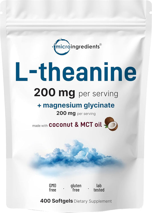 L-Theanine 200mg with Magnesium Glycinate, 400 Coconut MCT Oil Softgels | 2-in-1 Amino Acid & Mineral Complex | Gentle Care All Day & Night