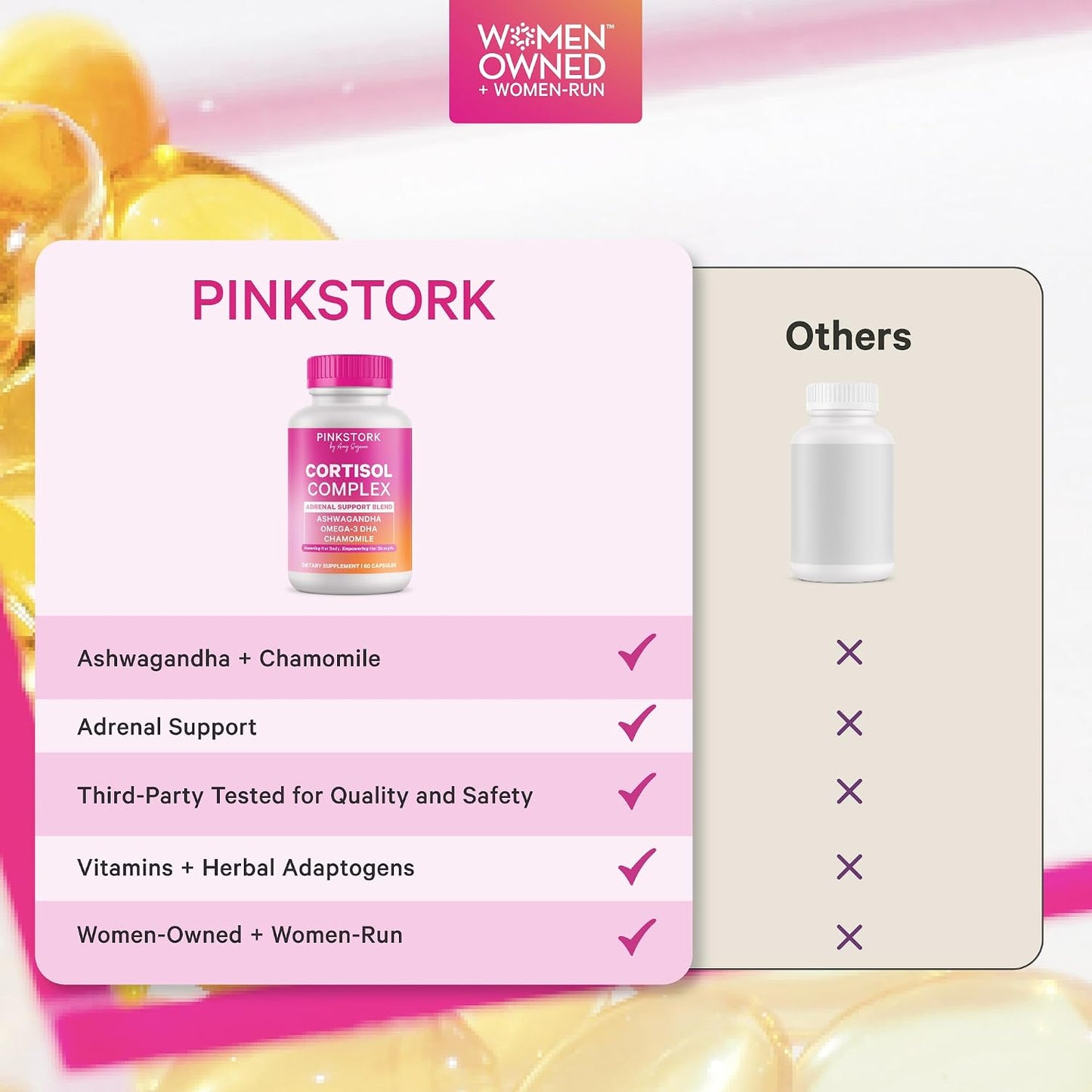 Pink Stork Cortisol Complex for Women - 60 Capsules | Adaptogenic Adrenal + Stress Support, 300mg Organic Ashwagandha, Algae DHA, Saffron, Methylated B Vitamins, Non-Drowsy