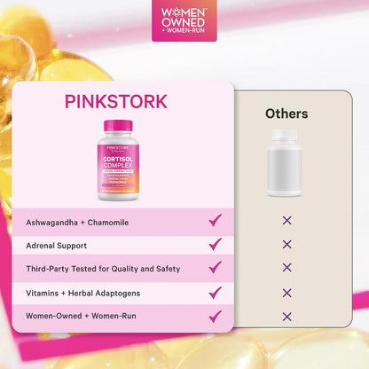 Pink Stork Cortisol Complex for Women - 60 Capsules | Adaptogenic Adrenal + Stress Support, 300mg Organic Ashwagandha, Algae DHA, Saffron, Methylated B Vitamins, Non-Drowsy