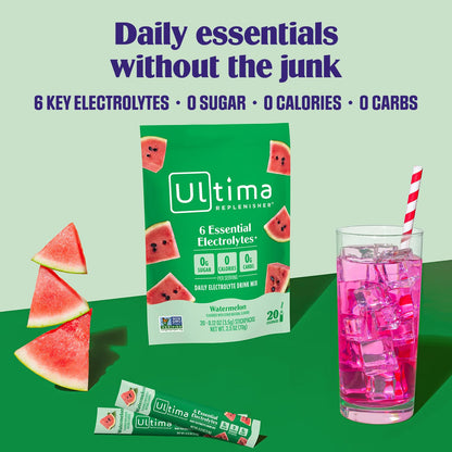 Ultima Replenisher Electrolyte Powder Drink Mix Bundle – Sugar Free – Watermelon, 30 Serving Canister and 20 Stickpacks – 6 Electrolytes and Minerals – Keto Friendly, Vegan, Non-GMO