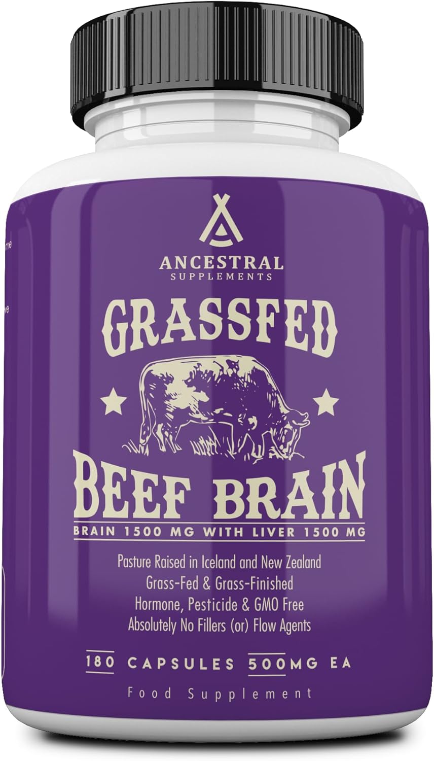 Ancestral Supplements Grass Fed Beef Brain Supplement with Liver, 180 Ct | Whole food brain and liver health formula supports brain function, mood and memory. Grass fed, non-GMO.