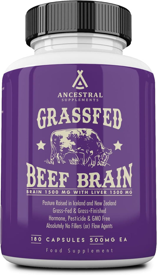Ancestral Supplements Grass Fed Beef Brain Supplement with Liver, 180 Ct | Whole food brain and liver health formula supports brain function, mood and memory. Grass fed, non-GMO.