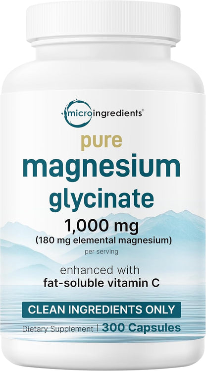 Pure Magnesium Glycinate 1,000mg, 300 Capsules | 100% Chelated for Max Absorption | Enhanced with Vitamin C | Only Uses Active Ingredients