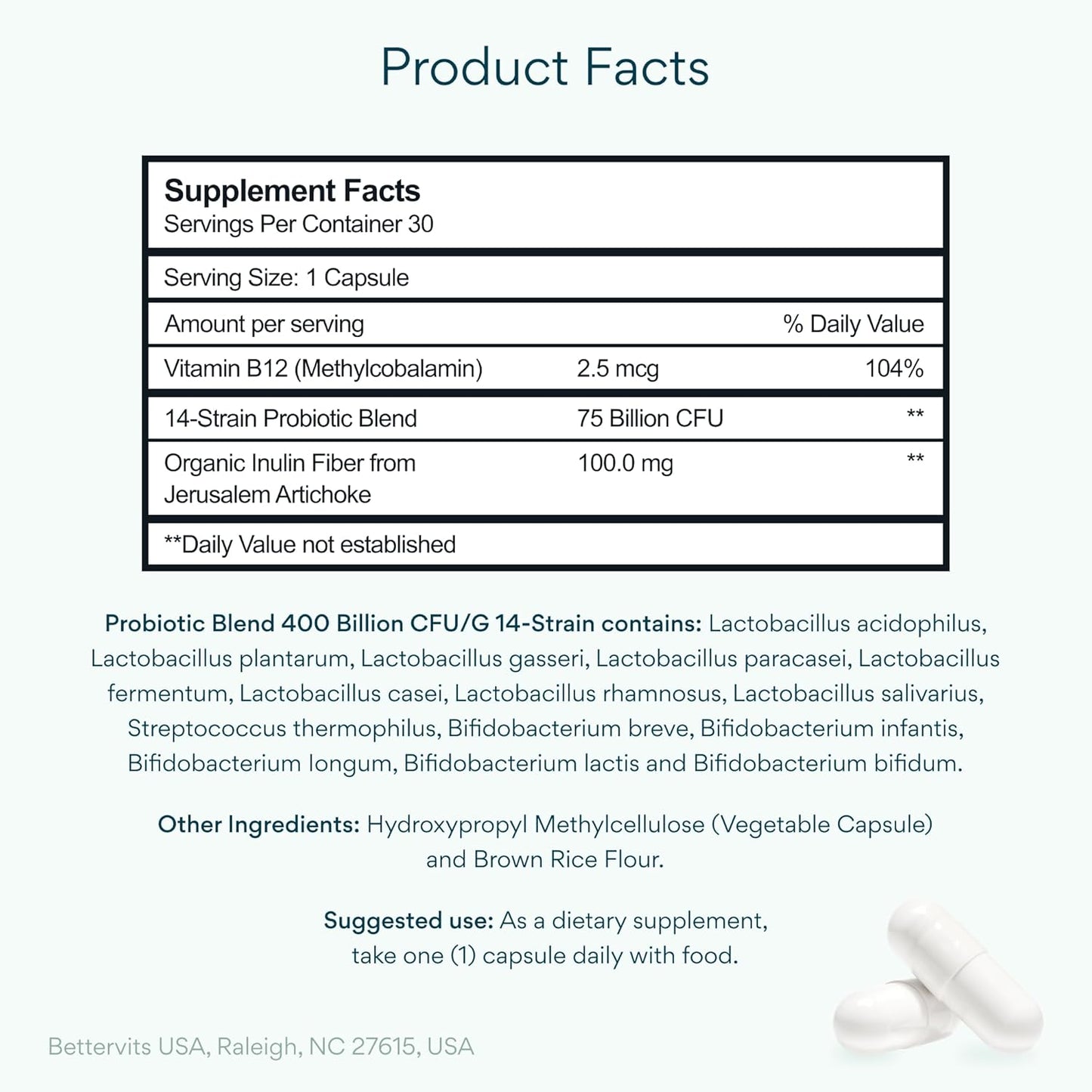 Bettervits Probiotics for Women & Men – 75 Billion CFU | Digestive Health and Gut Support Prebiotic | 14 Clinically Studied Strains with Vitamin B12, Lactobacillus and Inulin Fiber | 30 Capsules