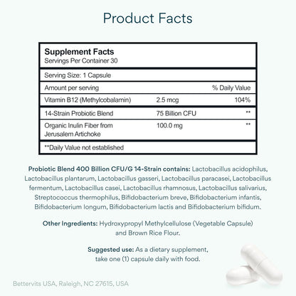 Bettervits Probiotics for Women & Men – 75 Billion CFU | Digestive Health and Gut Support Prebiotic | 14 Clinically Studied Strains with Vitamin B12, Lactobacillus and Inulin Fiber | 30 Capsules