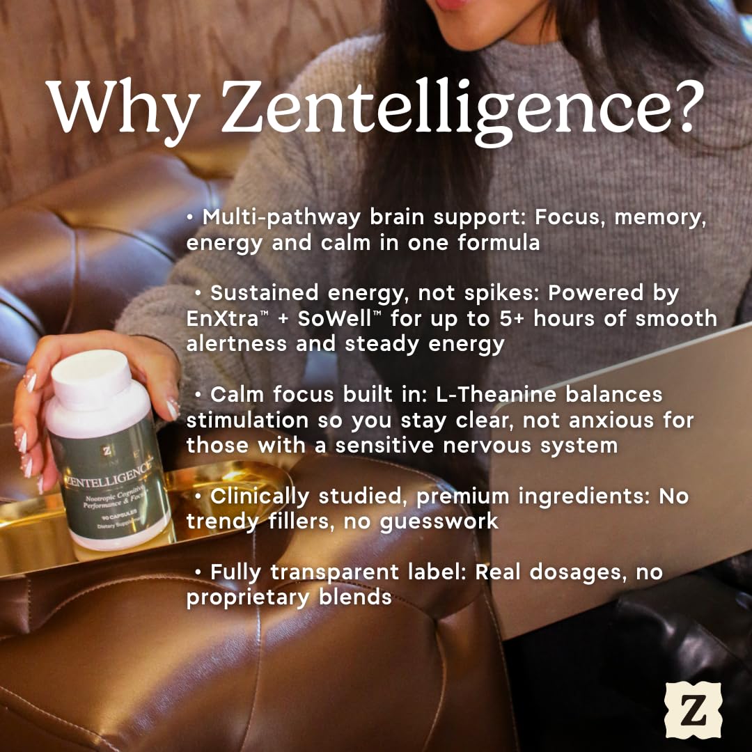 Zen Principle Zentelligence™ Focus Nootropic Supplement for Students & Professionals | Energy, Memory & Stress Support | Jitter-Free Formula with L-Theanine, Ginkgo Biloba, Huperzine A. 90 Capsules