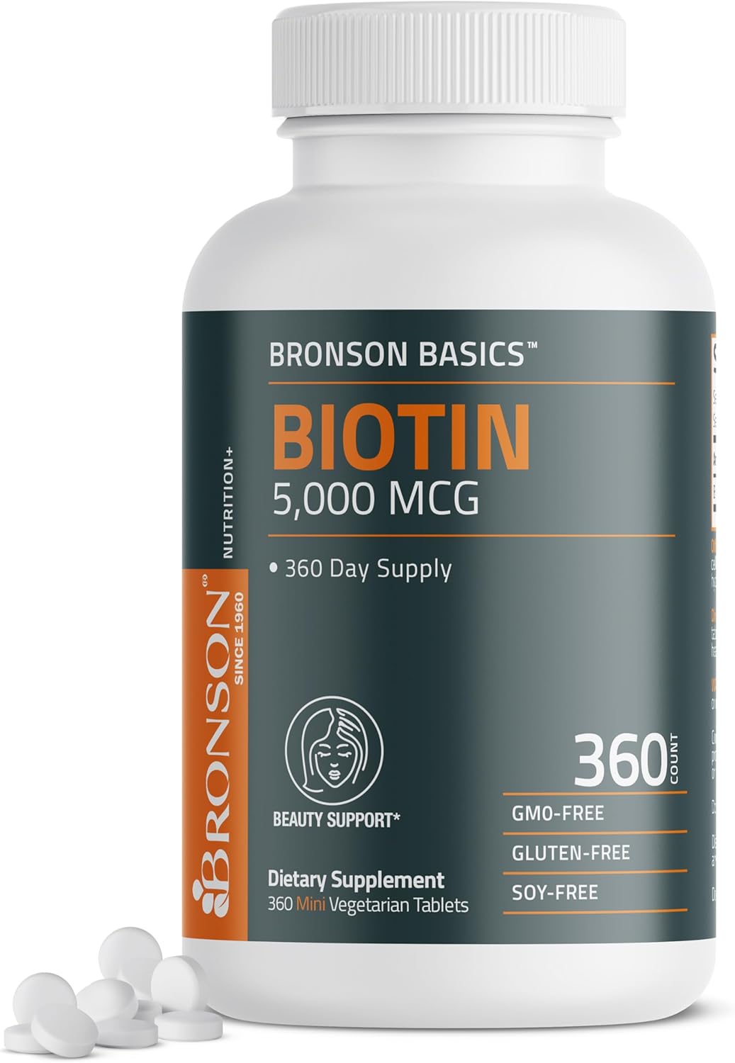 Bronson Biotin 5,000mcg Hair Skin and Nails Vitamins, 360 Tablets | Vegetarian Beauty Support, Non-GMO, Gluten-Free, Soy-Free, Supports Healthy Hair, Skin and Nails