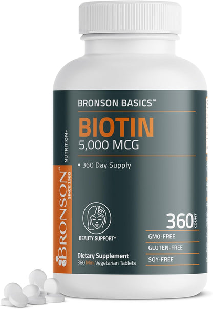 Bronson Biotin 5,000mcg Hair Skin and Nails Vitamins, 360 Tablets | Vegetarian Beauty Support, Non-GMO, Gluten-Free, Soy-Free, Supports Healthy Hair, Skin and Nails