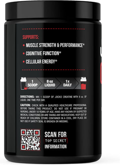Jocko Fuel Creatine Monohydrate, Pure Micronized Powder for Men & Women, Supports Muscle Growth, Strength, Recovery & Cognition, Unflavored, 450 Grams, 90 Servings
