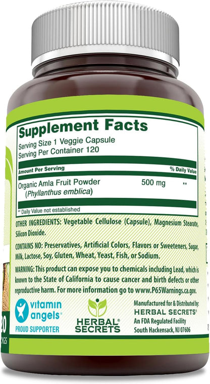 Herbal Secrets Amla Supplement | 500 Mg Per Serving | 120 Veggie Capsules | Made with Natural Amla | Supplement | Non-GMO | Gluten Free | Made in USA