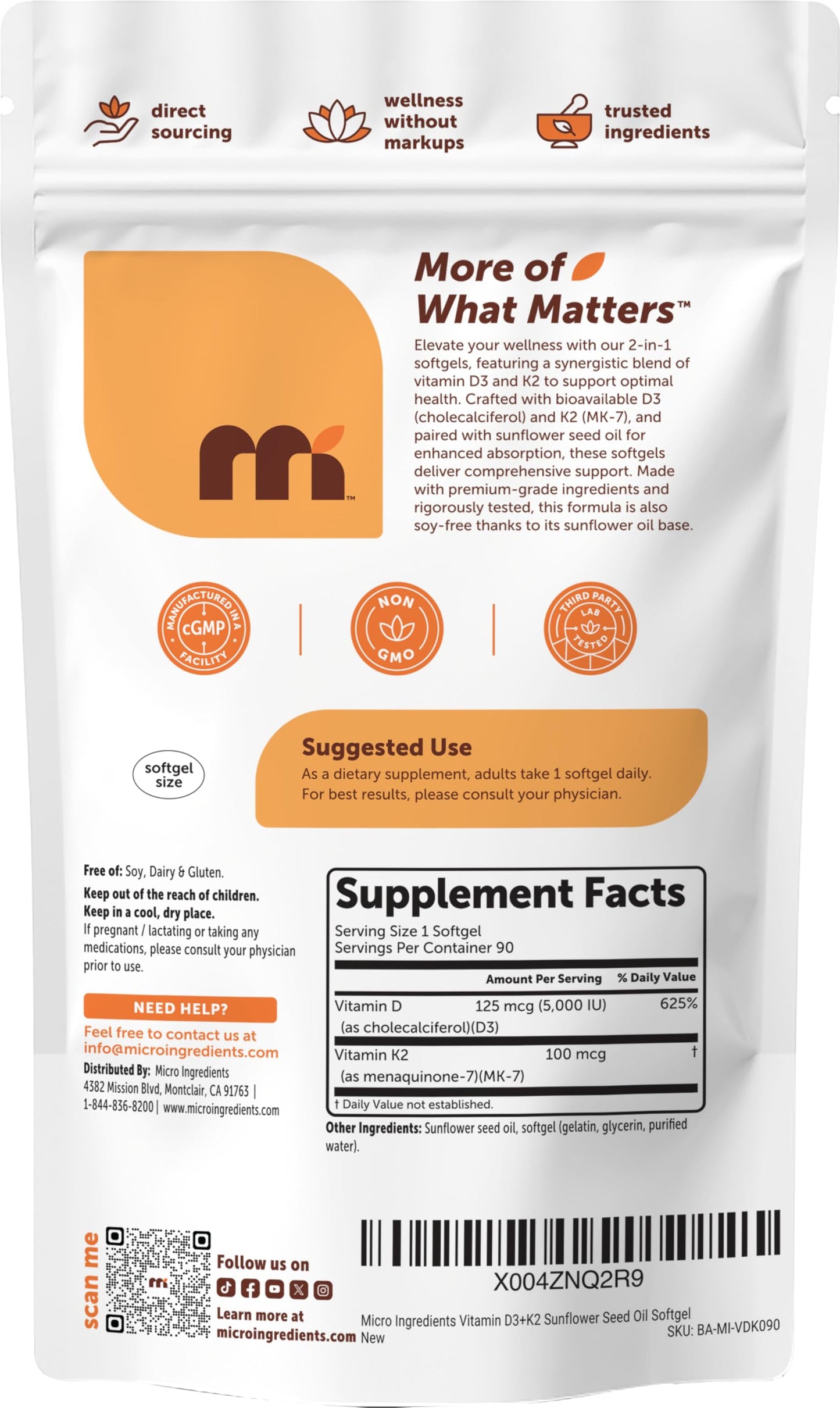 Micro Ingredients Vitamin D3 5,000 IU + K2 MK-7 100 mcg, 300 Softgels | 2-in-1 Vitamins D & K Complex | Extra Strength, Easy to Swallow, Non-GMO, Gluten Free